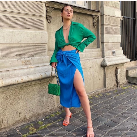 ZARA High Waisted Pareo Knot Skirt Blue - Picture 5 of 12